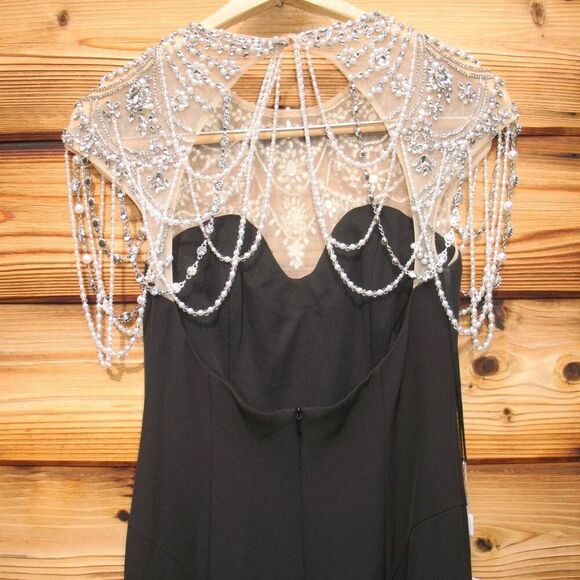 MAC DUGGAL 11775 Black Draped Pearl Beaded Mermaid Gown Dress - Picture 11 of 13